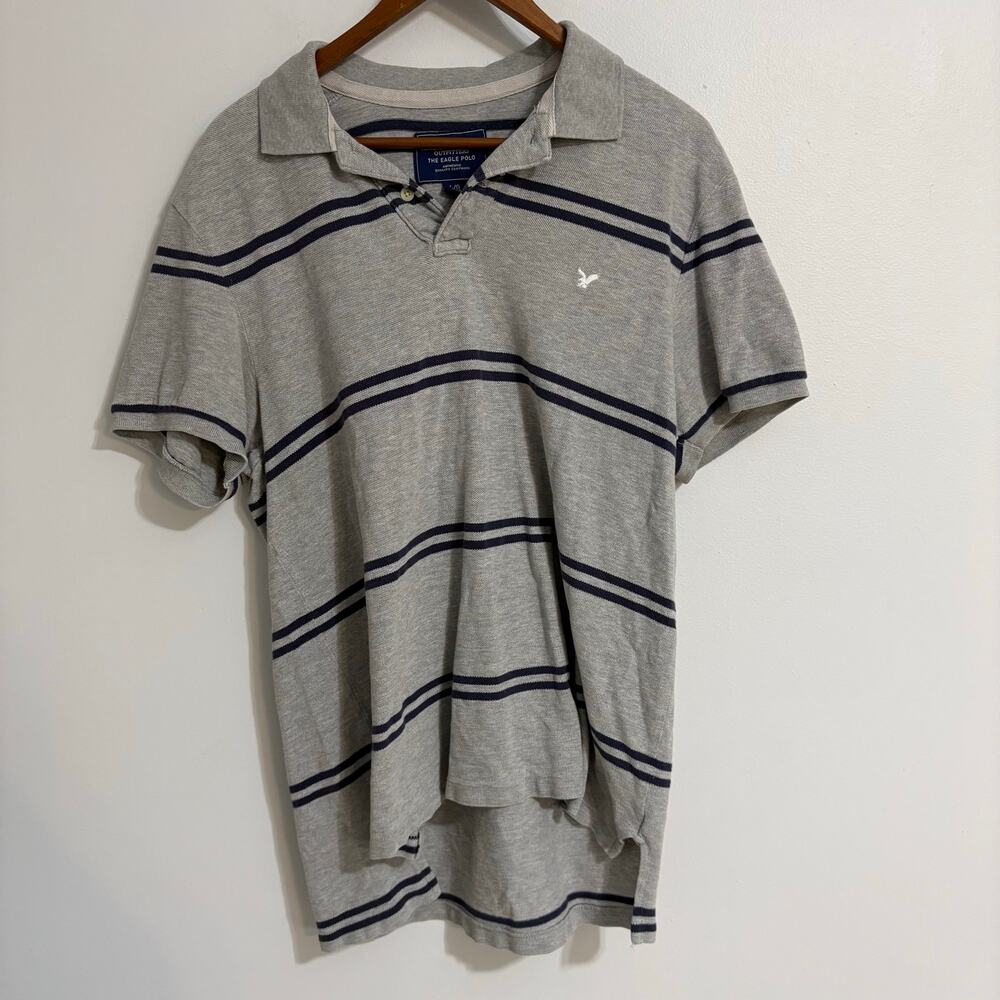 American Eagle Outfitters The Eagle Polo Men's Large Gray Navy Stripe Preppy